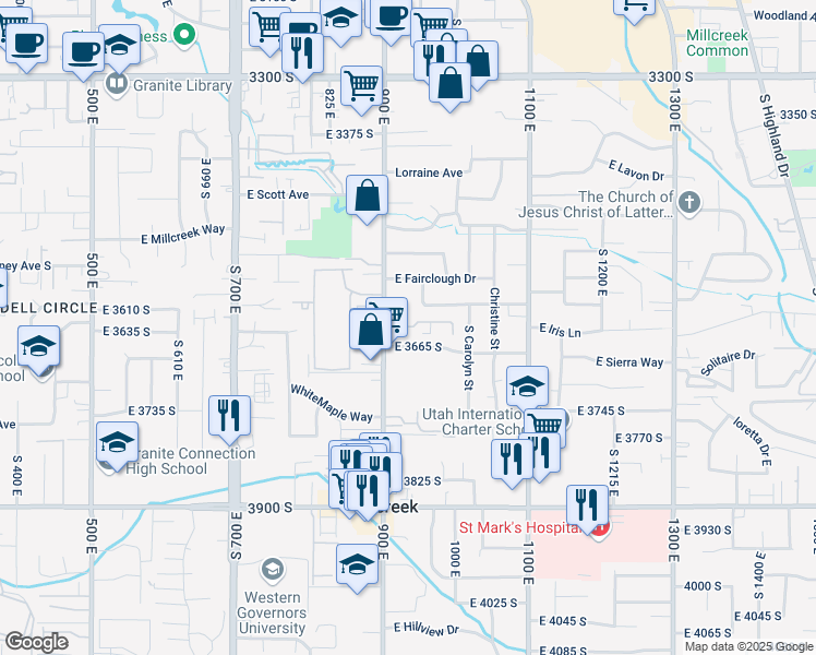 map of restaurants, bars, coffee shops, grocery stores, and more near 3631 900 East in Millcreek