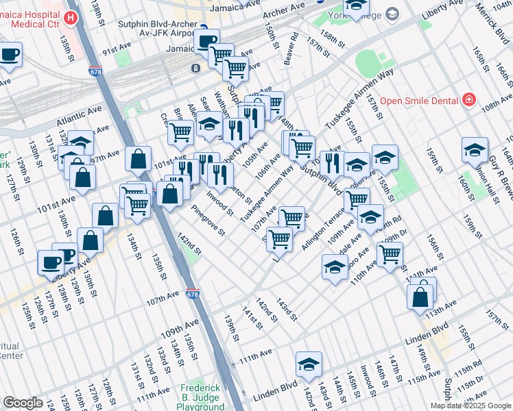 map of restaurants, bars, coffee shops, grocery stores, and more near 106-44 Princeton Street in Queens