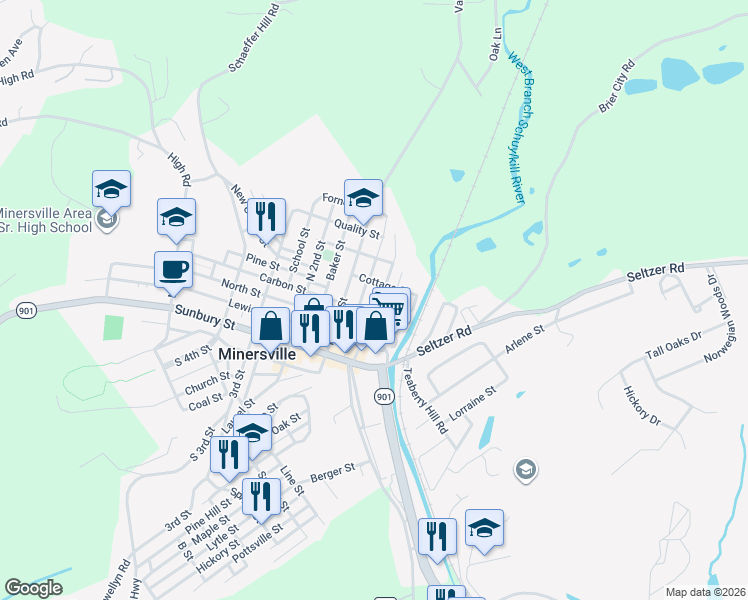 map of restaurants, bars, coffee shops, grocery stores, and more near 313 North Delaware Avenue in Minersville
