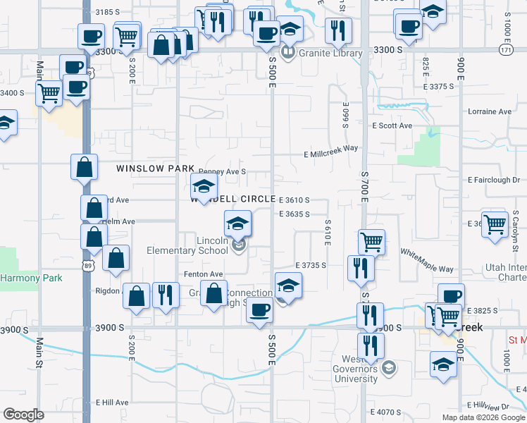 map of restaurants, bars, coffee shops, grocery stores, and more near 3646 500 East in South Salt Lake