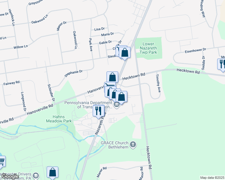 map of restaurants, bars, coffee shops, grocery stores, and more near 245 Nazareth Pike in Bethlehem