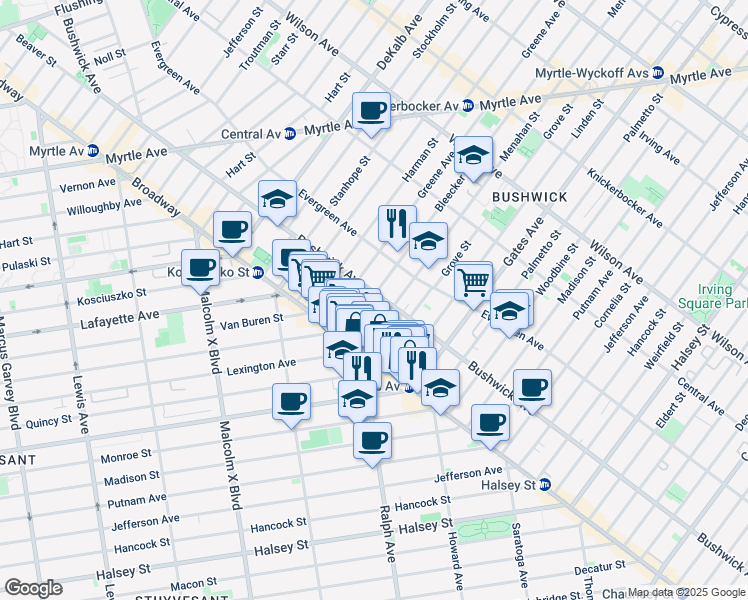 map of restaurants, bars, coffee shops, grocery stores, and more near 946 Bushwick Avenue in Brooklyn