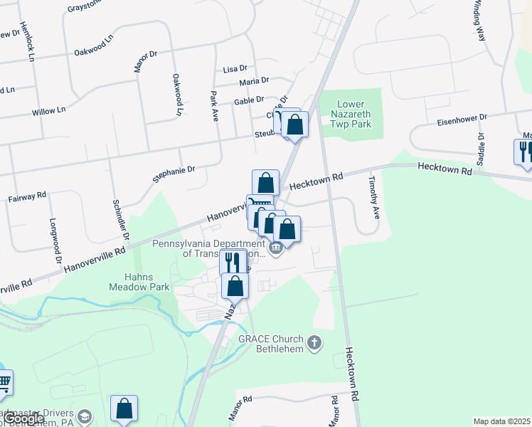 map of restaurants, bars, coffee shops, grocery stores, and more near 245 Nazareth Pike in Bethlehem