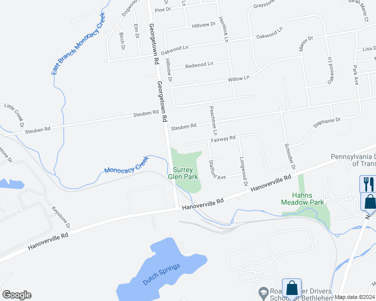 map of restaurants, bars, coffee shops, grocery stores, and more near 4671 Fairway Rd in Bethlehem