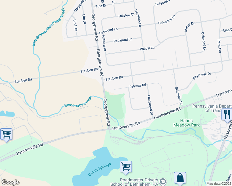 map of restaurants, bars, coffee shops, grocery stores, and more near 4671 Fairway Rd in Bethlehem