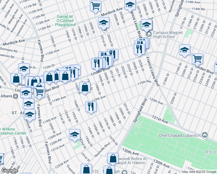 map of restaurants, bars, coffee shops, grocery stores, and more near 118-45 199th Street in Queens