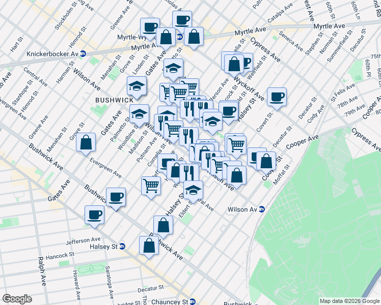 map of restaurants, bars, coffee shops, grocery stores, and more near 1232 Hancock Street in Brooklyn