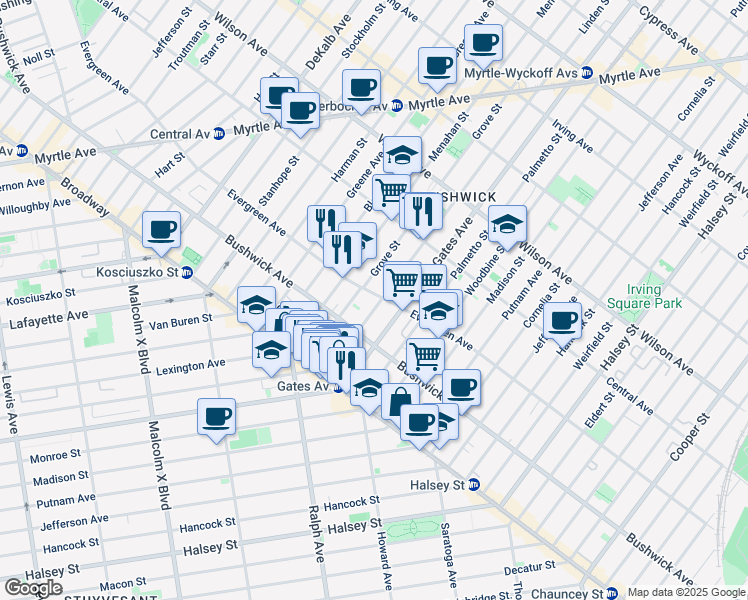 map of restaurants, bars, coffee shops, grocery stores, and more near 1179 Gates Avenue in Brooklyn
