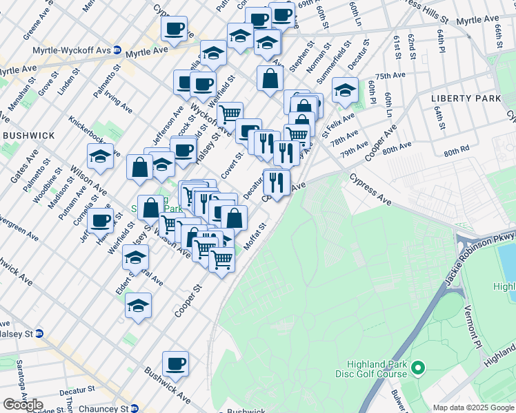 map of restaurants, bars, coffee shops, grocery stores, and more near Cooper Avenue & Irving Avenue in Queens