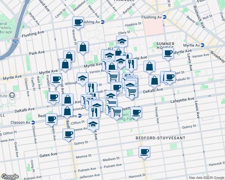 map of restaurants, bars, coffee shops, grocery stores, and more near Marcy Ave & Pulaski St in Brooklyn
