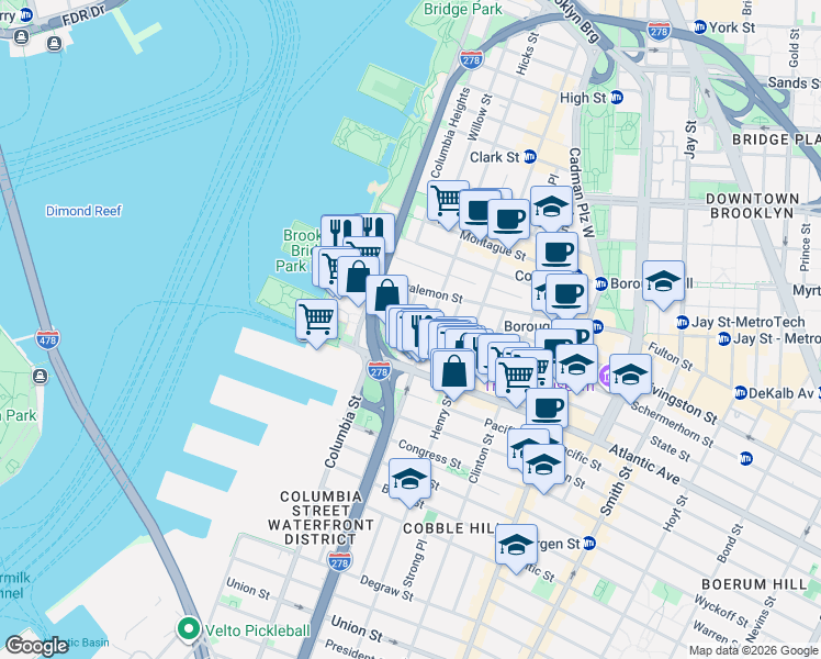 map of restaurants, bars, coffee shops, grocery stores, and more near 41 State Street in Brooklyn
