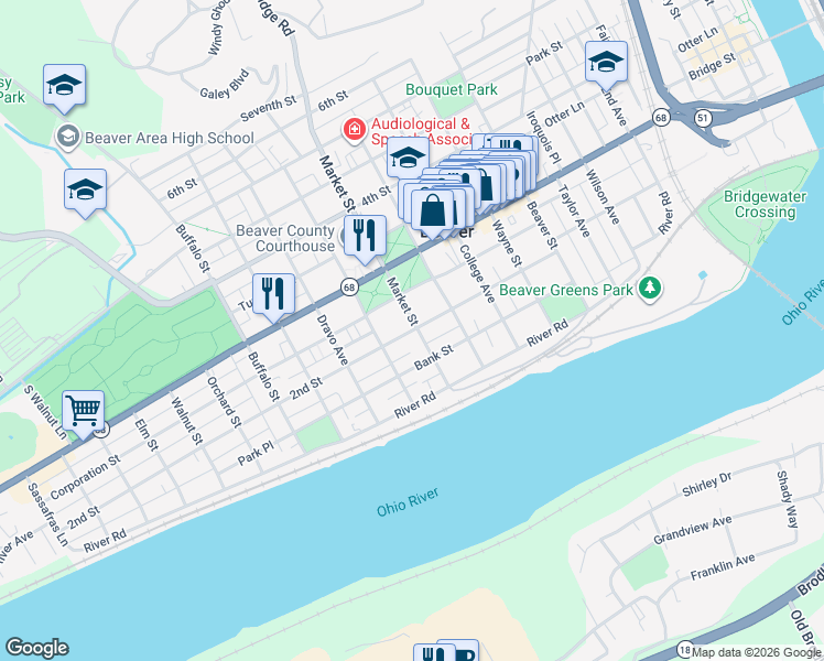 map of restaurants, bars, coffee shops, grocery stores, and more near 158 Market Street in Beaver