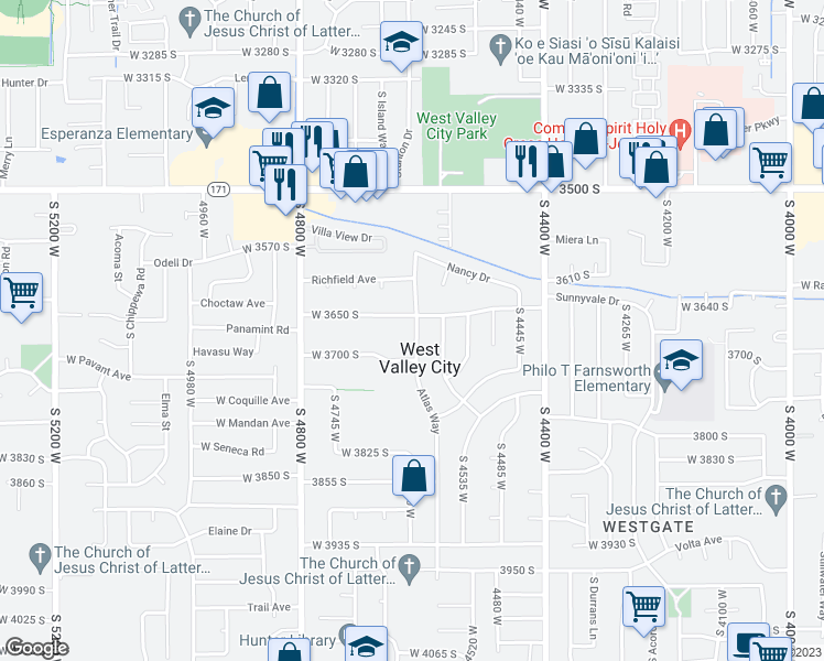 map of restaurants, bars, coffee shops, grocery stores, and more near 3670 Atlas Way in West Valley City