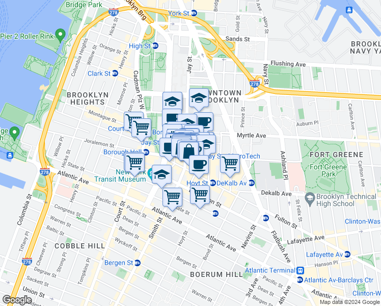 map of restaurants, bars, coffee shops, grocery stores, and more near 47-55 Willoughby Street in Brooklyn