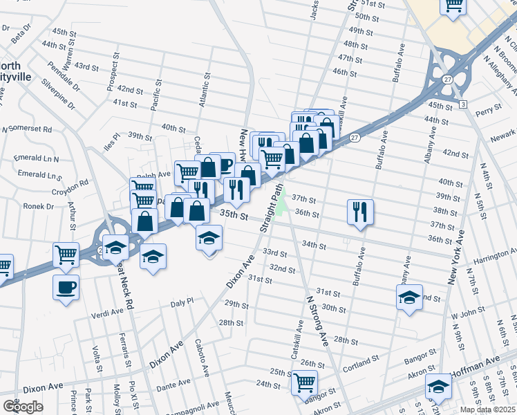 map of restaurants, bars, coffee shops, grocery stores, and more near 47 35th Street in Copiague