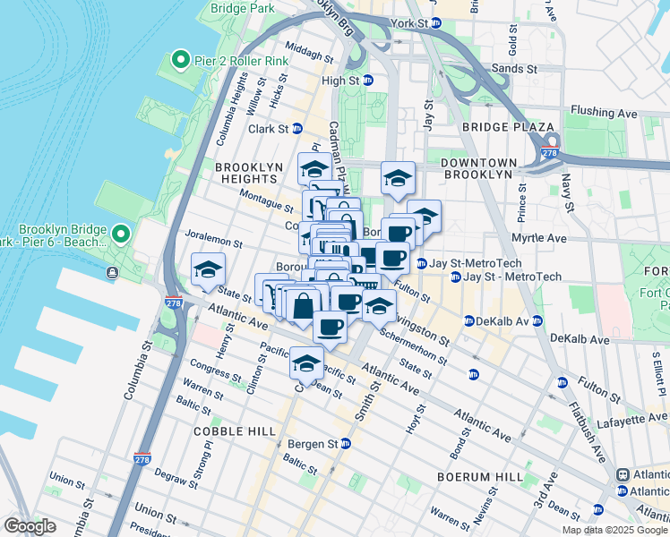 map of restaurants, bars, coffee shops, grocery stores, and more near 50 Court Street in Brooklyn
