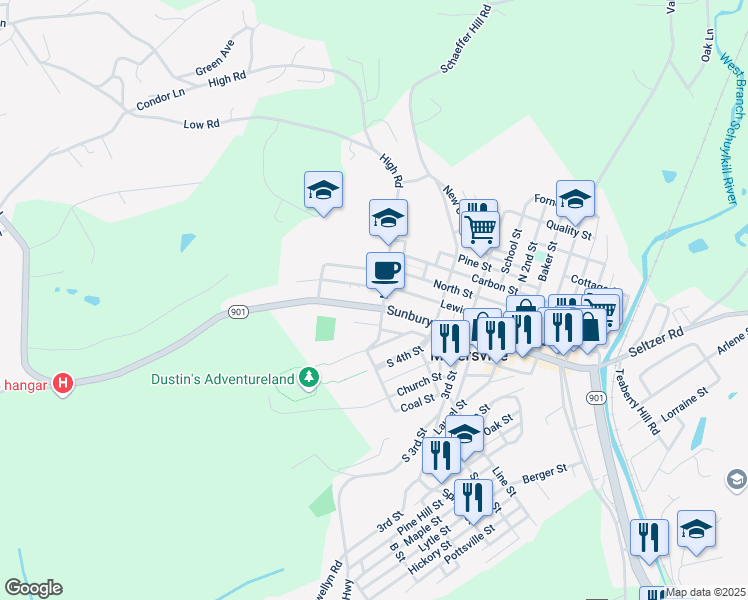 map of restaurants, bars, coffee shops, grocery stores, and more near 510 Sunbury Street in Minersville