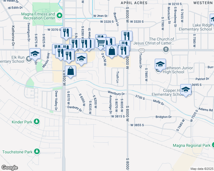map of restaurants, bars, coffee shops, grocery stores, and more near 8139 Country West Drive in Magna