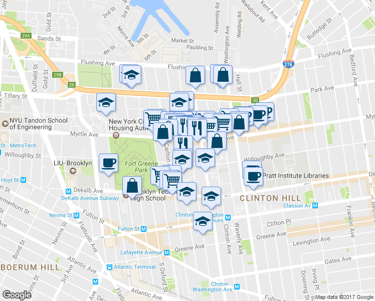 map of restaurants, bars, coffee shops, grocery stores, and more near 176 Clermont Avenue in Brooklyn