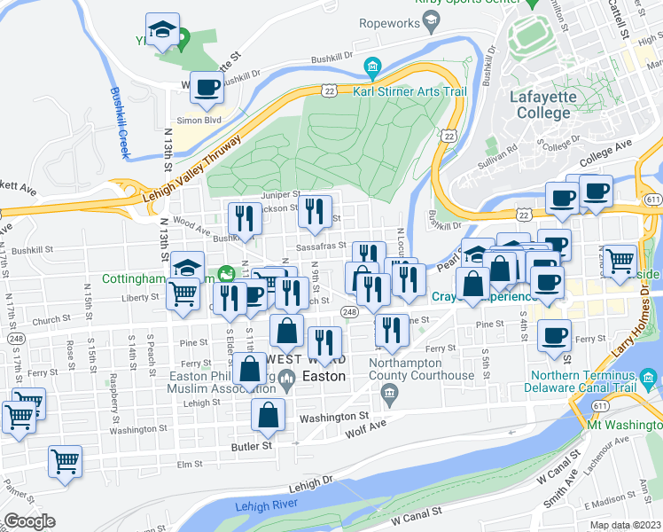 map of restaurants, bars, coffee shops, grocery stores, and more near 814 Spring Garden Street in Easton