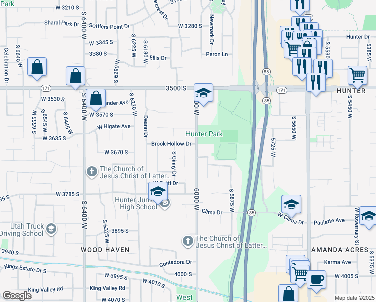 map of restaurants, bars, coffee shops, grocery stores, and more near 3671 Brook Hollow Court in West Valley City