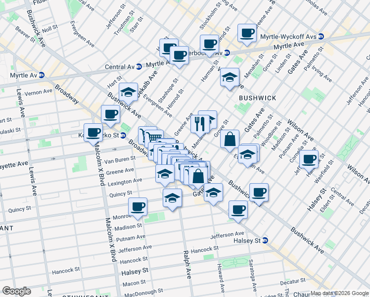 map of restaurants, bars, coffee shops, grocery stores, and more near 978 Bushwick Avenue in Brooklyn