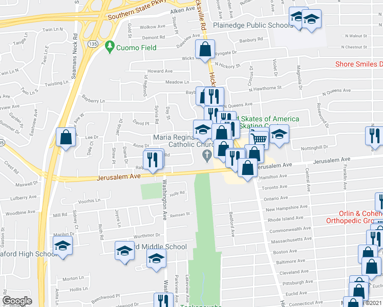 map of restaurants, bars, coffee shops, grocery stores, and more near Ralph St S & Bernice Rd in North Wantagh