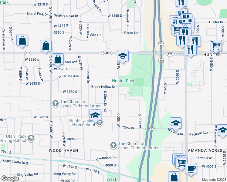 map of restaurants, bars, coffee shops, grocery stores, and more near 3671 Brook Hollow Court in West Valley City