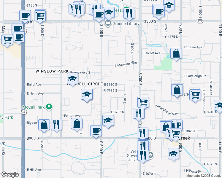 map of restaurants, bars, coffee shops, grocery stores, and more near 549 East 3635 South in South Salt Lake