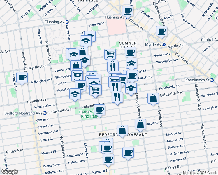 map of restaurants, bars, coffee shops, grocery stores, and more near 804 Dekalb Avenue in Brooklyn