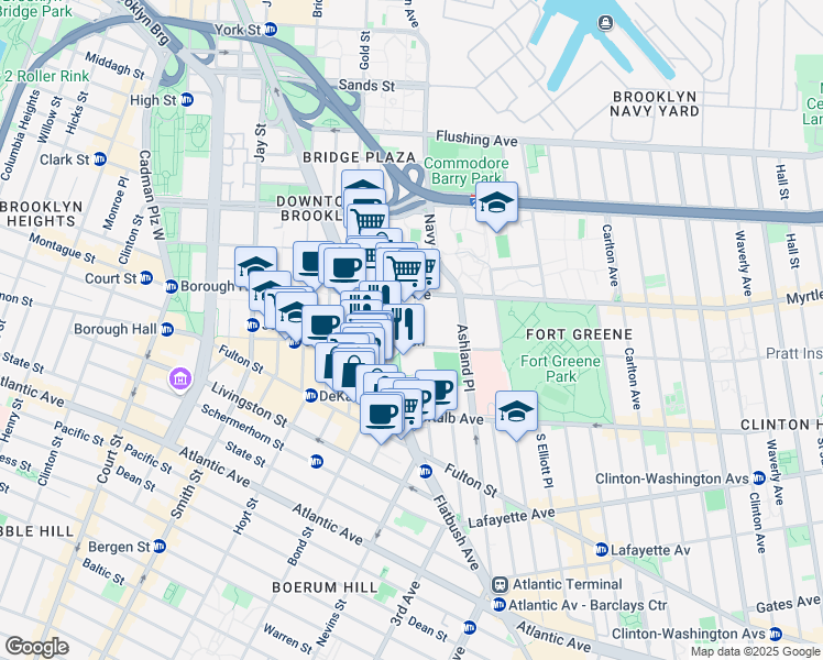 map of restaurants, bars, coffee shops, grocery stores, and more near 175 Willoughby Street in Brooklyn