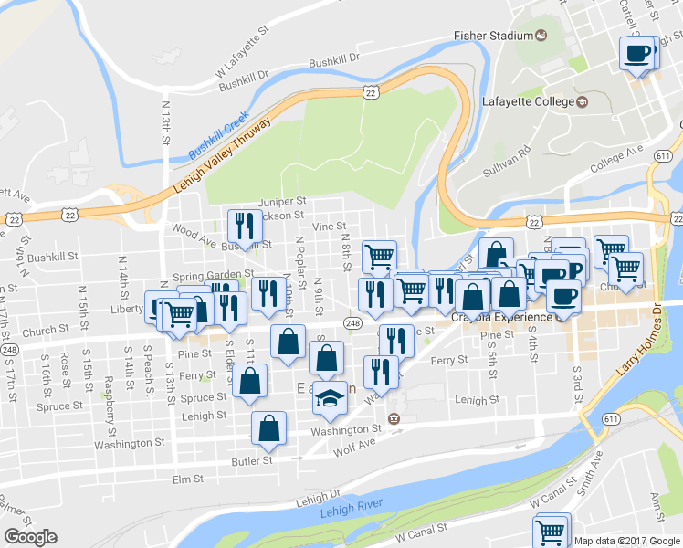 map of restaurants, bars, coffee shops, grocery stores, and more near 804 Spring Garden Street in Easton