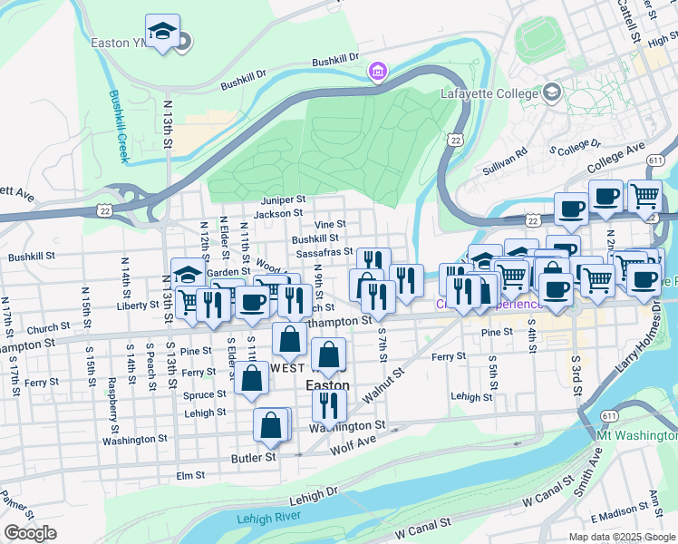 map of restaurants, bars, coffee shops, grocery stores, and more near 808 Spring Garden Street in Easton