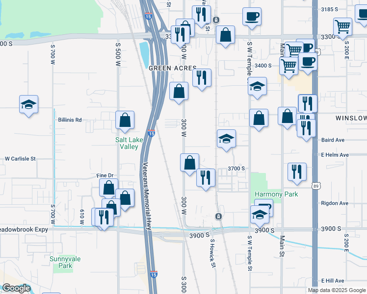map of restaurants, bars, coffee shops, grocery stores, and more near 3618 South 300 West in South Salt Lake
