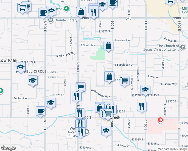 map of restaurants, bars, coffee shops, grocery stores, and more near 787 Redmaple Circle in Millcreek