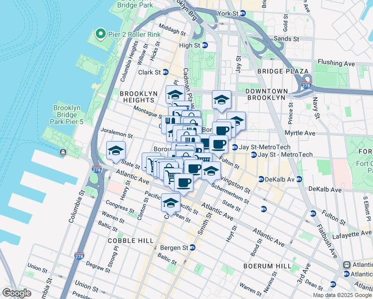 map of restaurants, bars, coffee shops, grocery stores, and more near 86 Court Street in Brooklyn