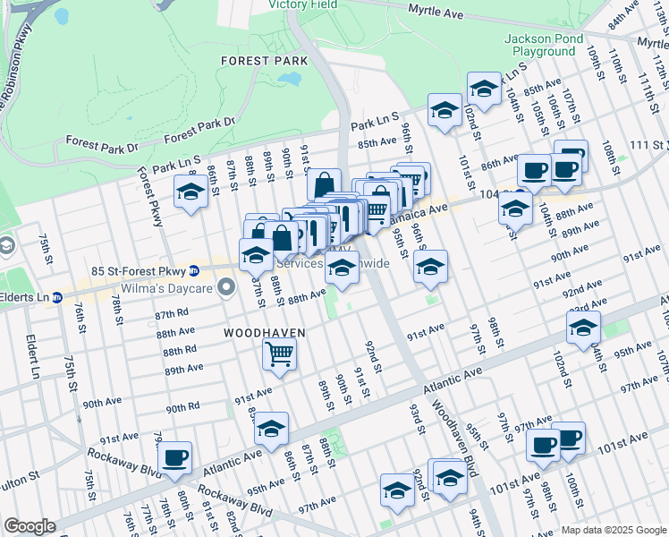 map of restaurants, bars, coffee shops, grocery stores, and more near 9206 88th Avenue in Queens