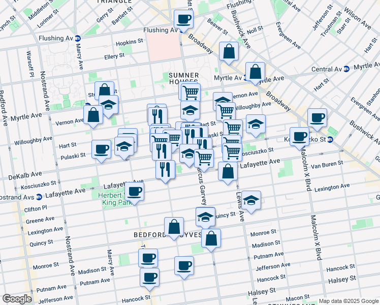 map of restaurants, bars, coffee shops, grocery stores, and more near 347 Kosciuszko Street in Brooklyn
