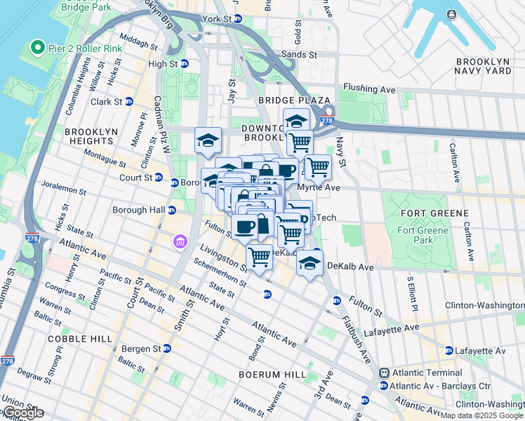 map of restaurants, bars, coffee shops, grocery stores, and more near 106 Willoughby Street in Brooklyn