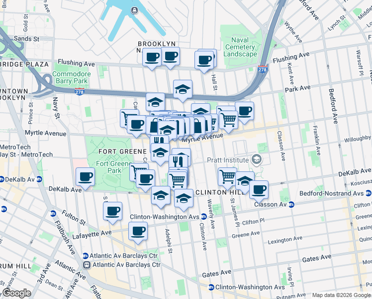 map of restaurants, bars, coffee shops, grocery stores, and more near in Brooklyn