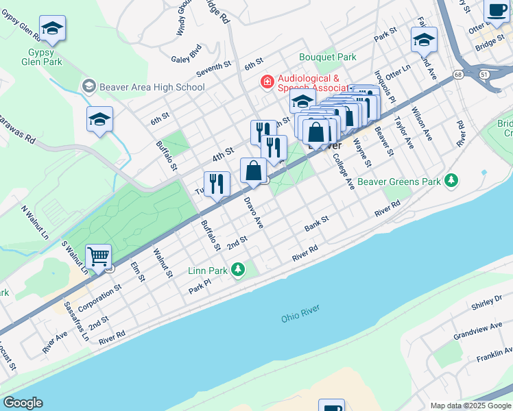 map of restaurants, bars, coffee shops, grocery stores, and more near 972 2nd Street in Beaver