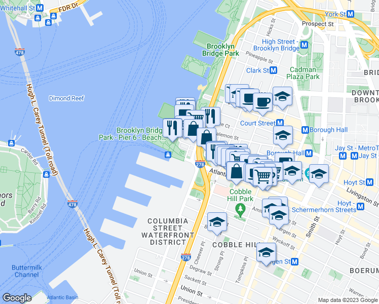 map of restaurants, bars, coffee shops, grocery stores, and more near 53 Atlantic Avenue in Brooklyn