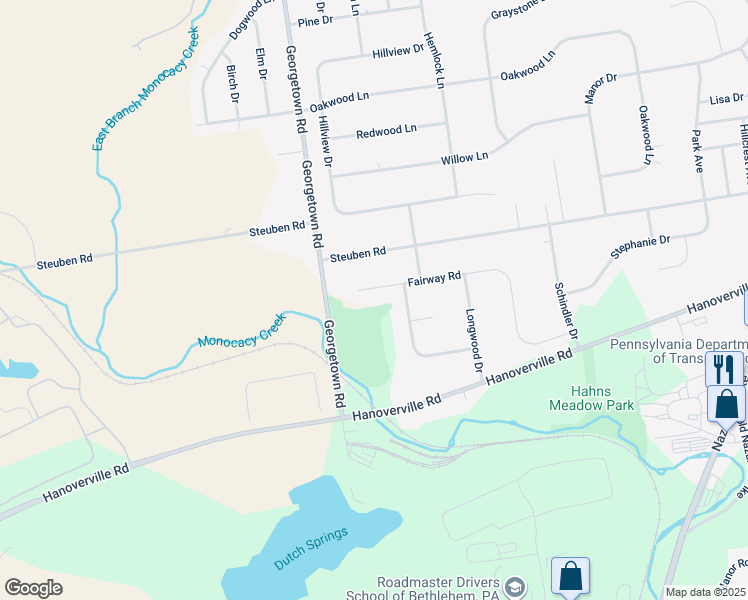 map of restaurants, bars, coffee shops, grocery stores, and more near 4663 Fairway Road in Bethlehem