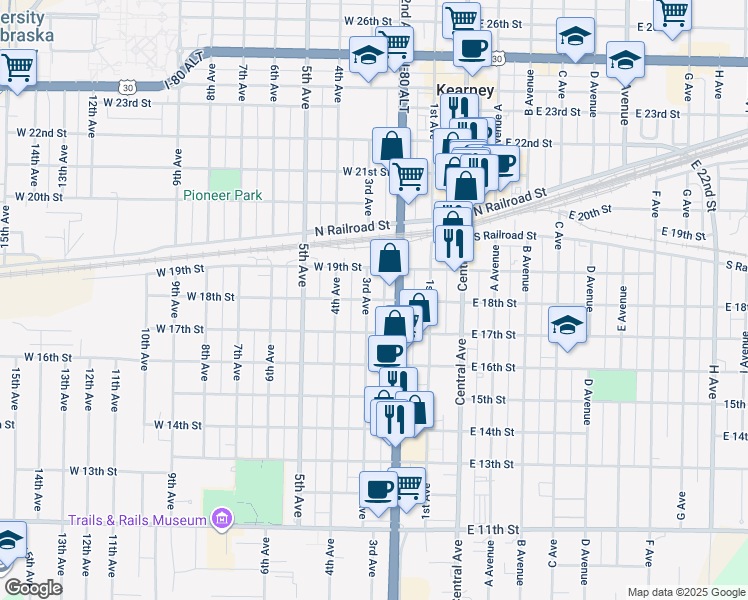 map of restaurants, bars, coffee shops, grocery stores, and more near 250 West 18th Street in Kearney