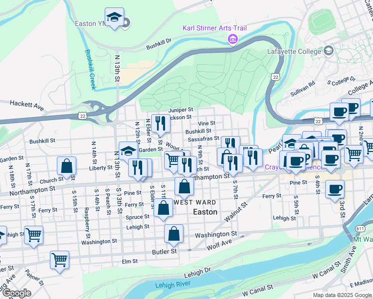 map of restaurants, bars, coffee shops, grocery stores, and more near 141 North 10th Street in Easton