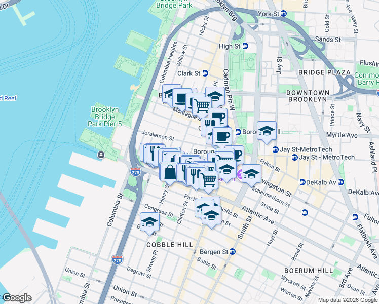 map of restaurants, bars, coffee shops, grocery stores, and more near 38 Sidney Place in Brooklyn