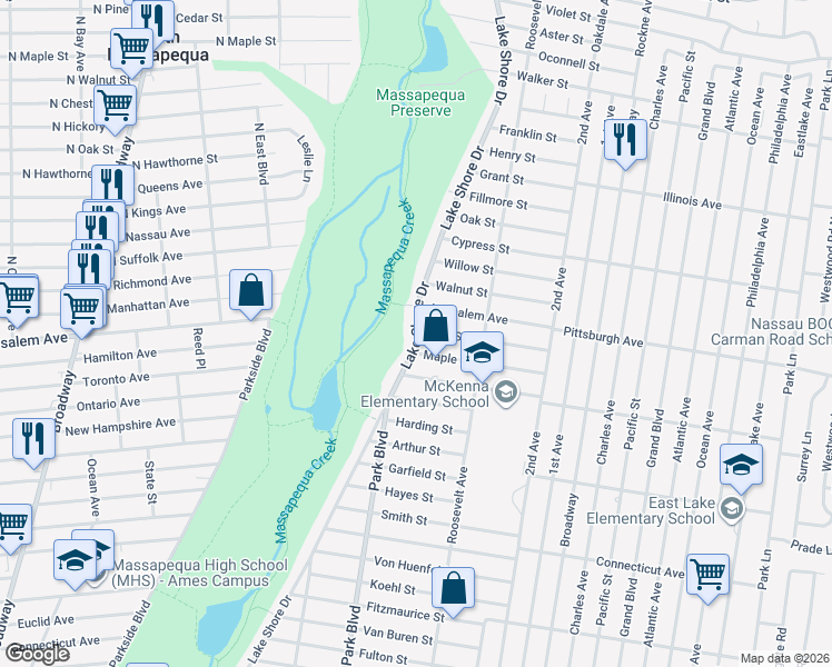 map of restaurants, bars, coffee shops, grocery stores, and more near 1269 Lake Shore Drive in Massapequa Park