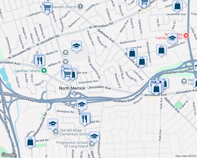 map of restaurants, bars, coffee shops, grocery stores, and more near 404 Little Whaleneck Road in North Merrick
