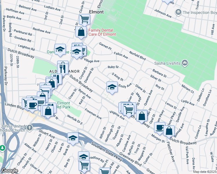 map of restaurants, bars, coffee shops, grocery stores, and more near 14 Keegan Street in Elmont