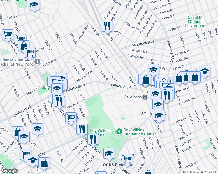 map of restaurants, bars, coffee shops, grocery stores, and more near 114-92 177th Place in Queens